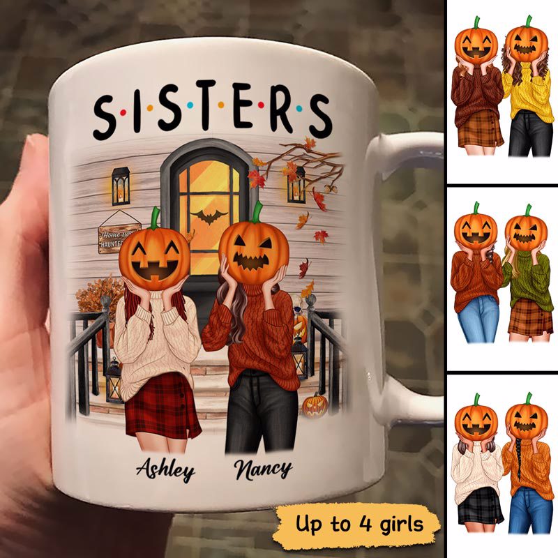 Best Friends Sisters Pumpkin Head Front Porch Personalized Mug