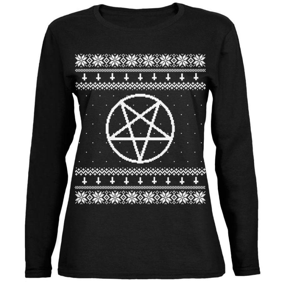 White Satanic Pentagram Ugly Christmas Sweater Black Womens Long Sleeve T-Shirt