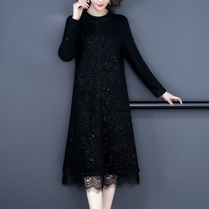 Women Black Lace Midi Sequins Dress Autumn Winter Thick Warm Vintage Hepburn Dresses 2022 Korean Elegant Bodyocn Party Vestidos alx