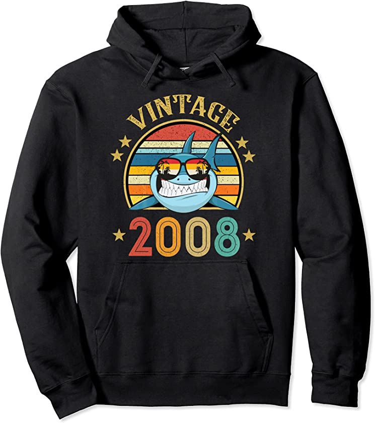 Vintage Shark Gift 13 Years Old For Men Retro Vintage 2008 Pullover Hoodie