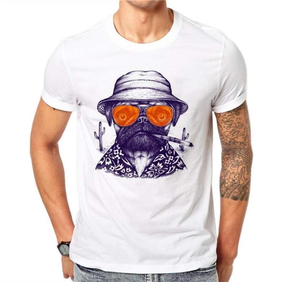 Cotton Creative Dog Tourists Design Men T Shirt Pug Cactus Printed T-shirt Short Sleeve Casual French Bulldog Tops