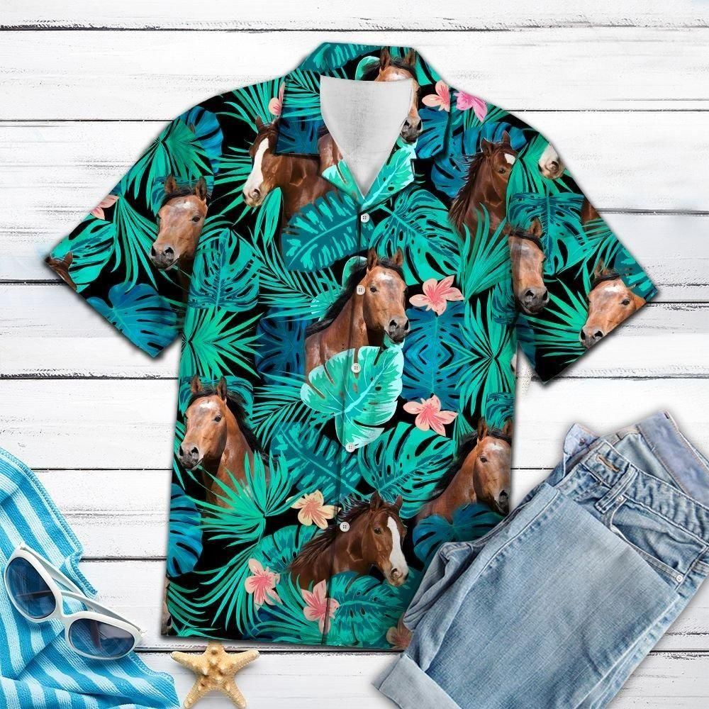 American Quarter Horse Green Tropical Aloha Hawaiian Shirt Colorful Short Sleeve Summer Beach Casual Shirt For Men And Women