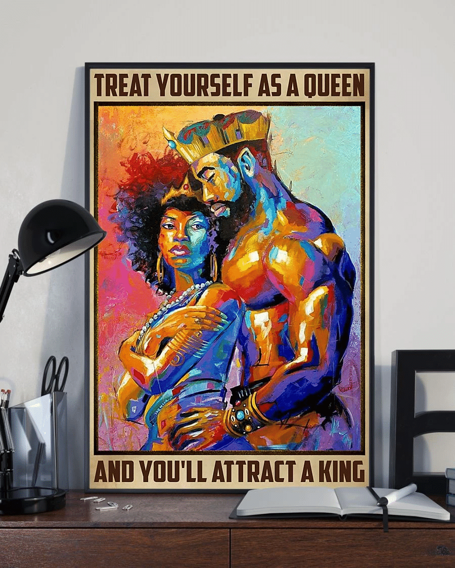 Afro Couple Poster Canvas – Treat Yourself As A Queen And Youll Attract A King Vintage Home Decor Wall Art Evg81185