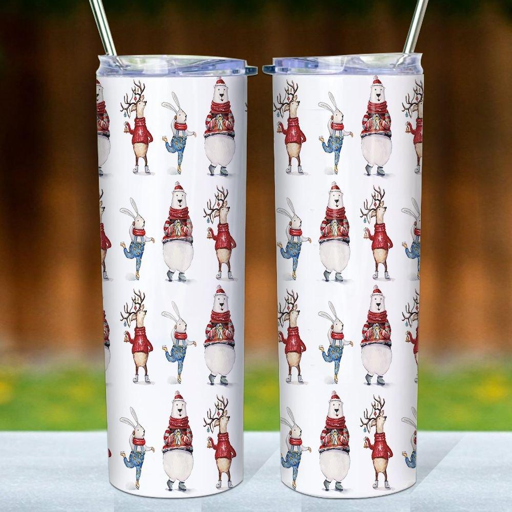 Winter Animals Christmas Pattern Skinny Tumbler, Merry Christmas Tumbler