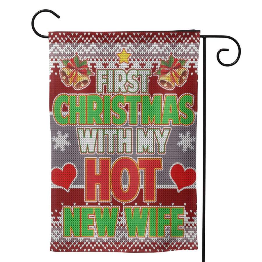 2 Pcs Garden Flag First Christmas With Hot Wife Ugly Sweater Poster 12.5″x18″ -Mothers Day, Birthday Gifts for Mom, Dad, Wife, Husband, Daughters, Grandma, Friends