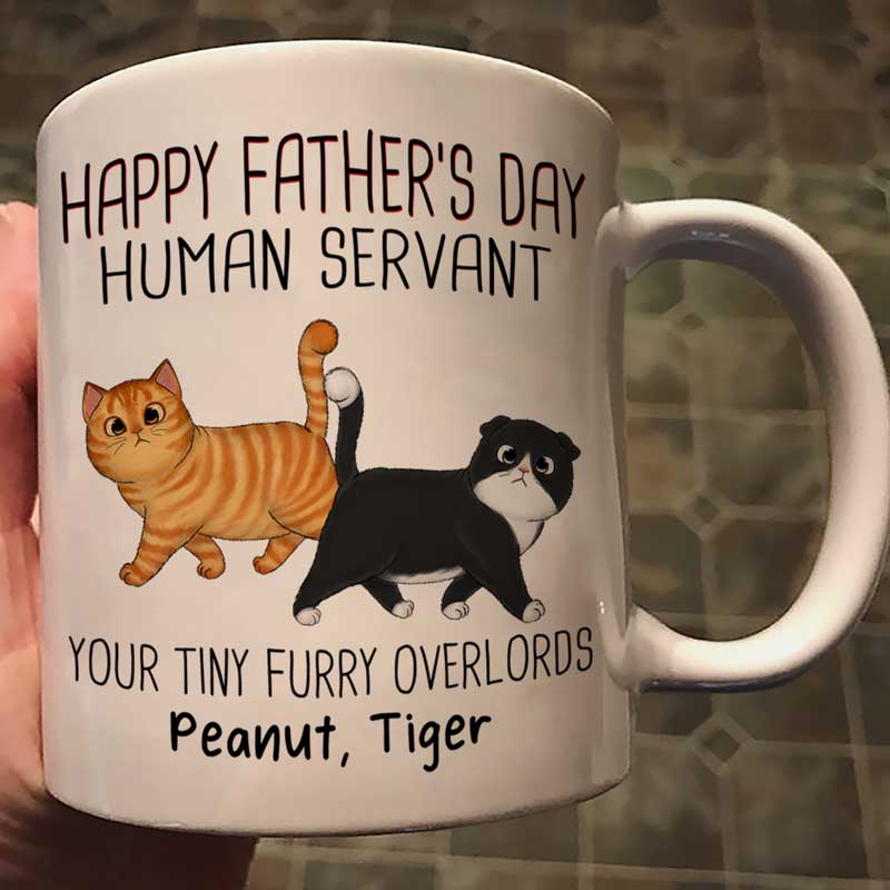 Happy Father‘S Day Human Servant Walking Fluffy Cats Gift For Cat Dad Personalized Mug