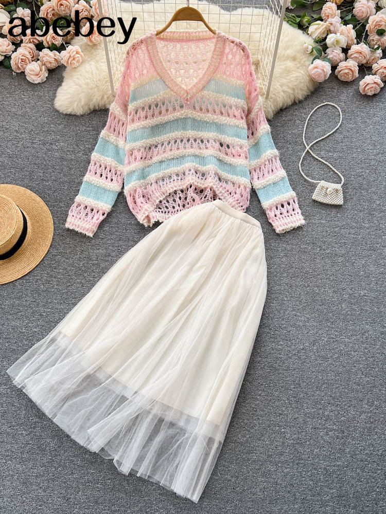 Winter Two Piece Sets Bohemian Vacation Beach 2pcs Set Women Long Sleeve Sweater And High Waist Pleated Mesh Long Skirt Suit alx