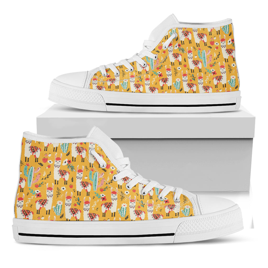 Yellow Llama Pattern Print White High Top Shoes