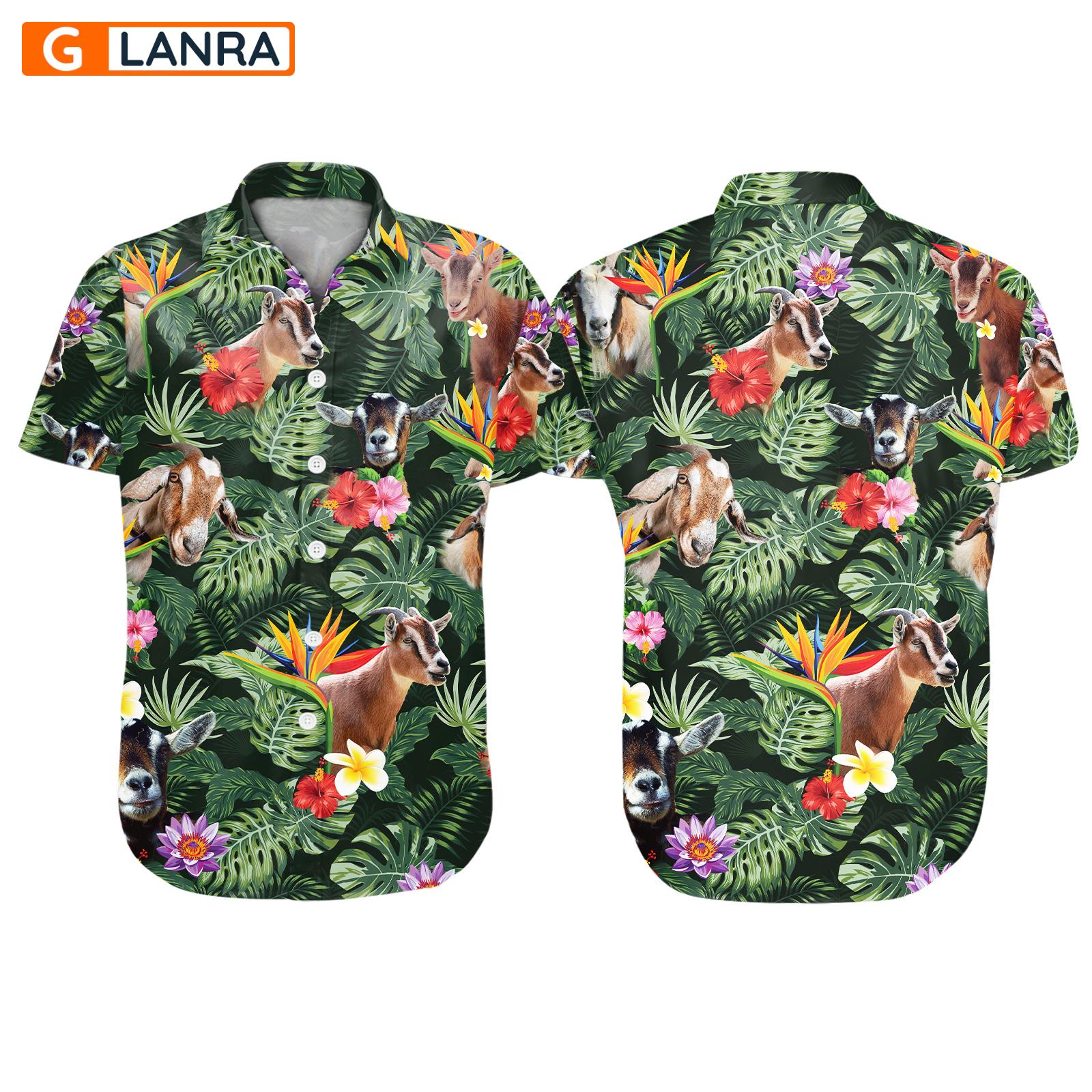 Goat Tropical Leaves Flower Button Shirt, Goat Button Shirt, Goat Farm Hawaiian Shirt, Summer Goat Leaf Hawaiian Shirt, Summer Tropical Shirt