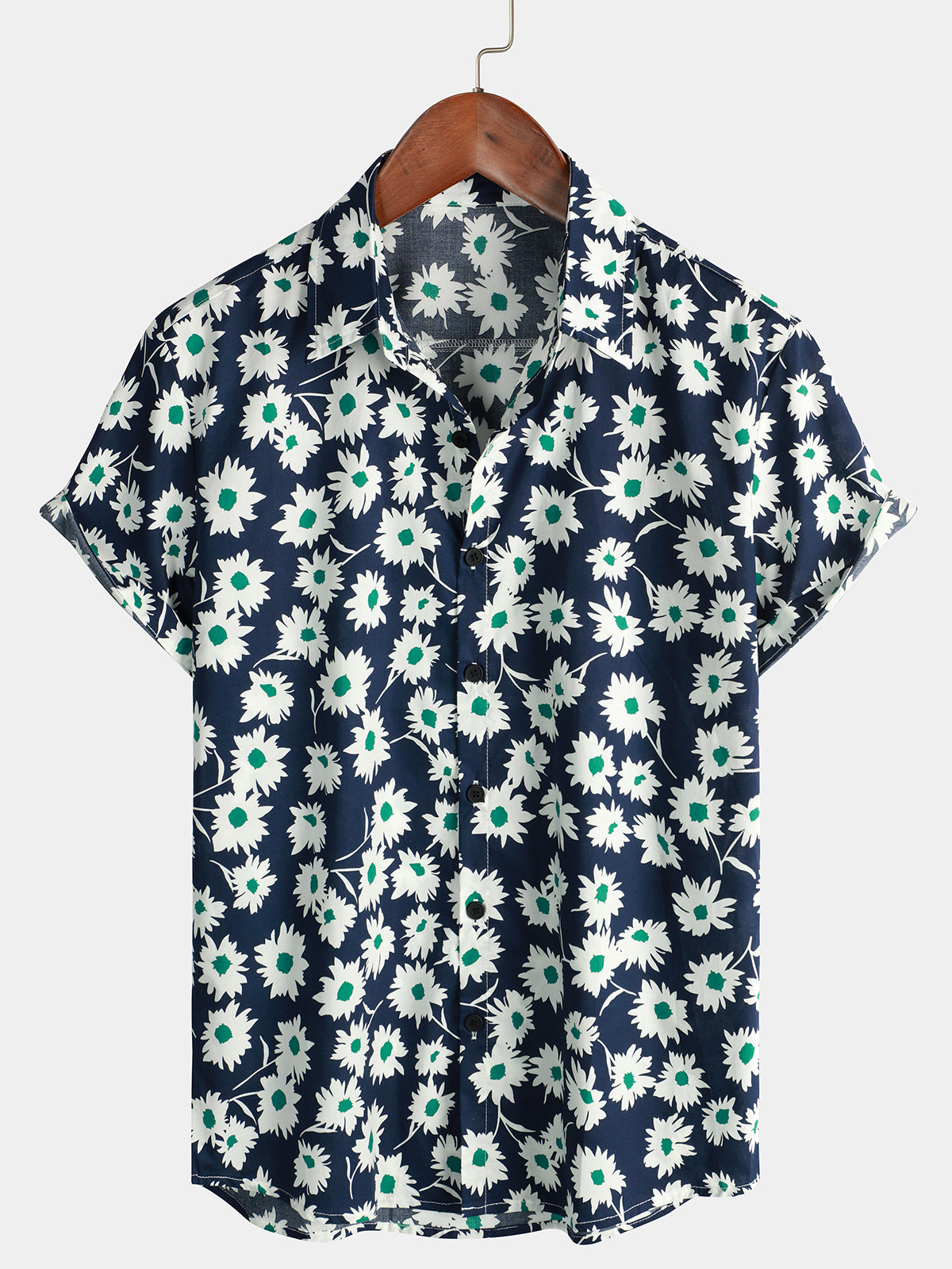 Summer Navy Blue Daisy Button Up Hawaii Short Sleeve Shirt Ha103916