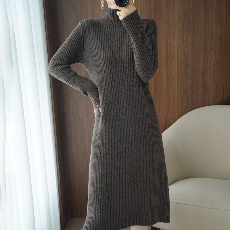 Winter Turtleneck Warm Knit Korean Vintage Loose Knee Pregnant Woman Dresses Solid Straight Long Sleeve Commute Sweater Dress alx