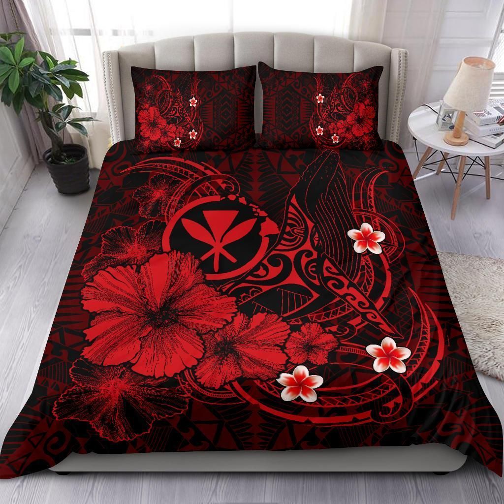 Alohawaii Bedding Set – Cover And Pillow Cases Polynesian Hawaii Kanaka Maoli – Humpback Whale With Hibiscus (Red) – Bn15