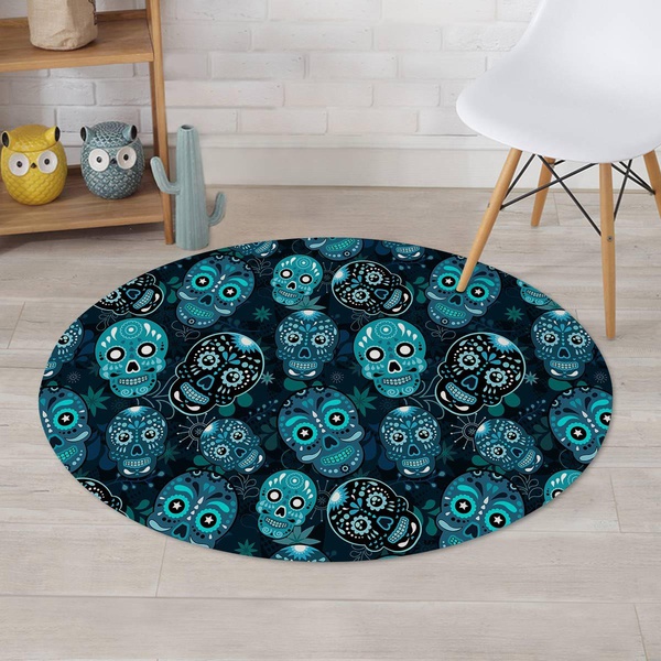 Blue Sugar Skull Print Round Rug