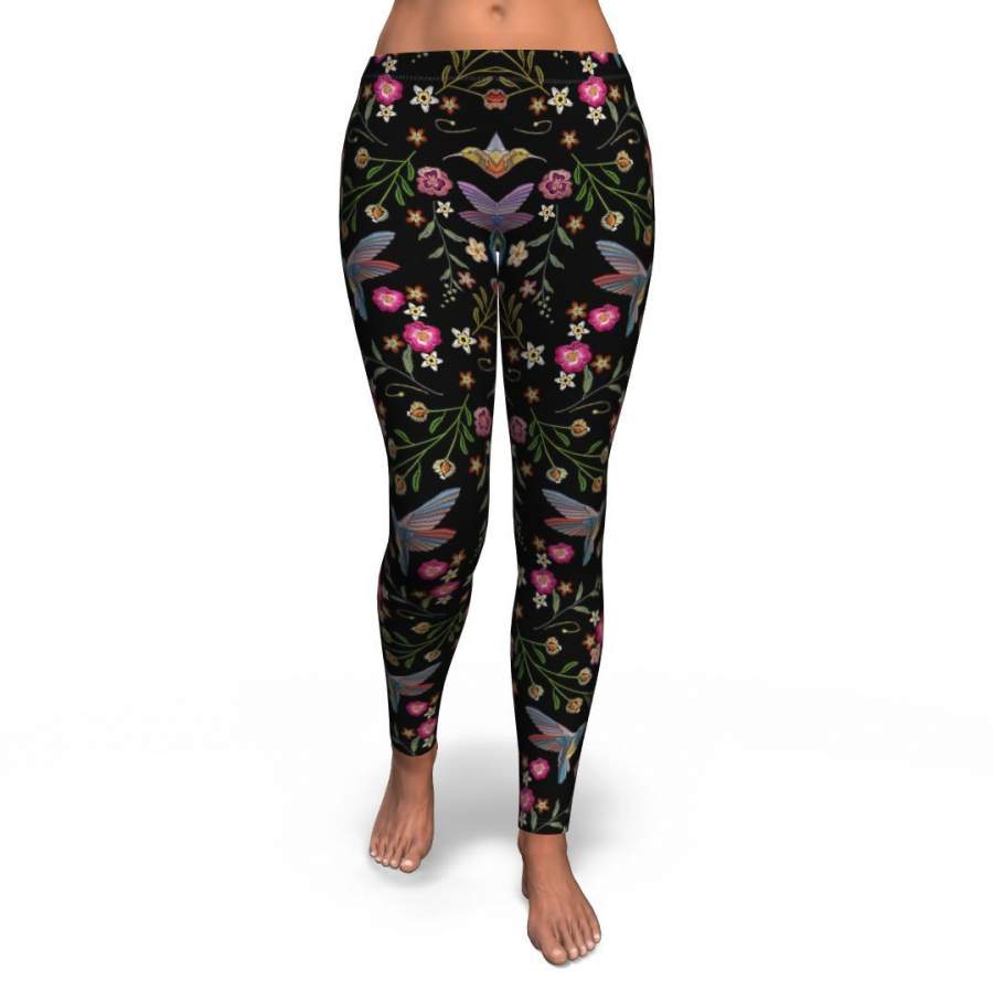 Hummingbird White Floral Pattern Print Pattern Women Leggings