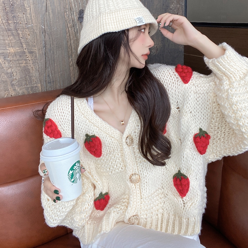 Women’s Strawberry Embroidery Cropped Cardigan Loose Outwear Coats Tops Lantern Sleeve Button Down Chunky Knit Oversized Sweater alx