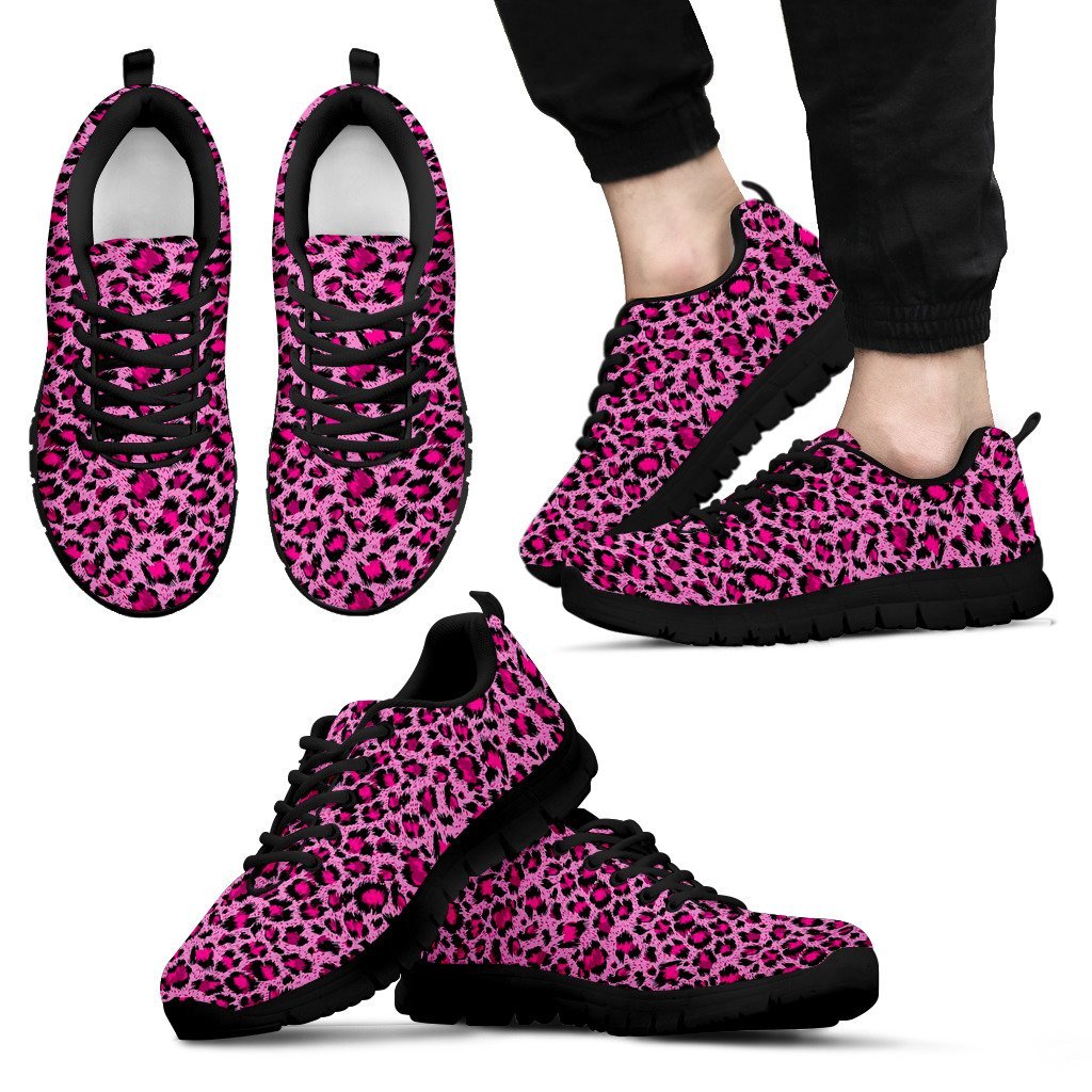 Pink Cheetah Leopard Pattern Print Black Sneaker Shoes For Men Women