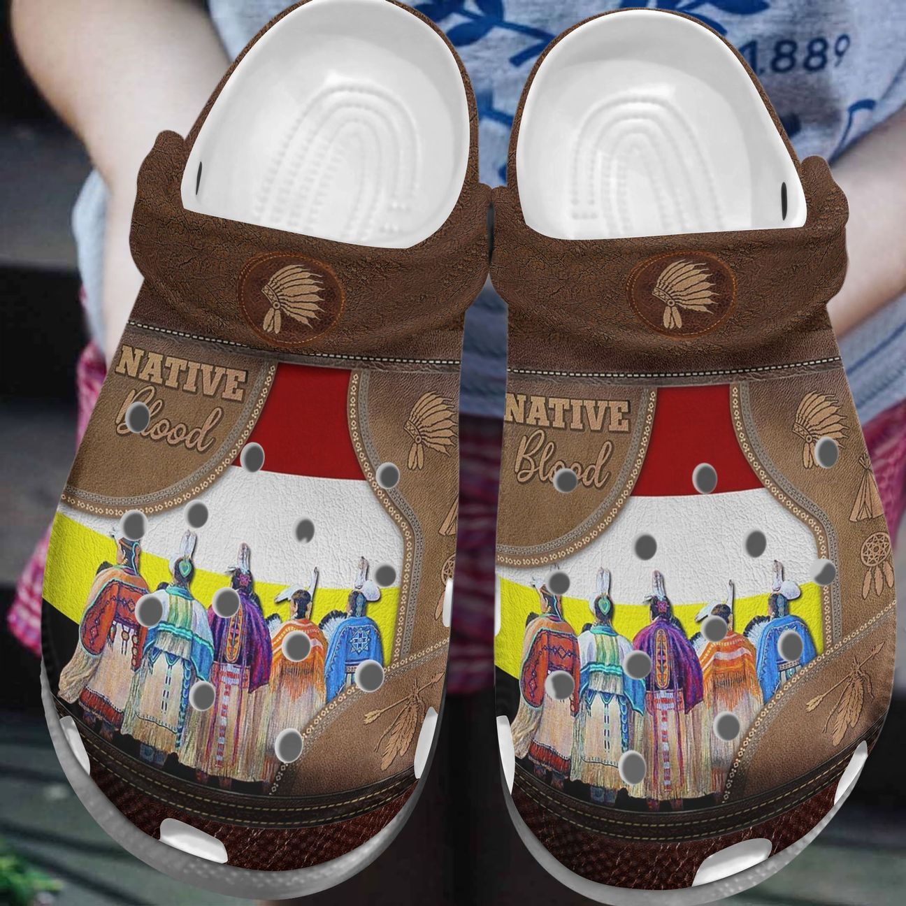 Native American Personalize Clog, Custom Name, Text, Fashion Style For Women, Men, Kid, Print 3D Whitesole Native Blood