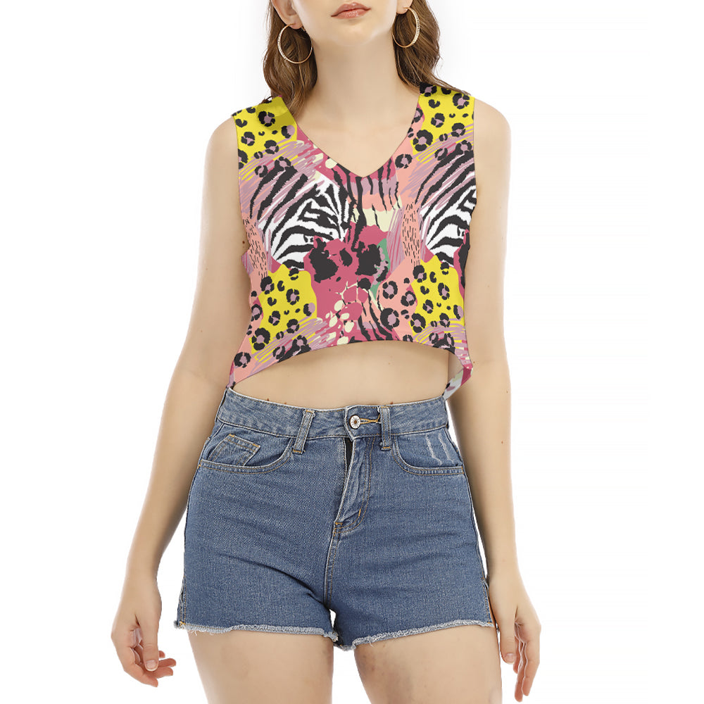 Exotic Leopard Skin V-Neck Sleeveless Cropped T-Shirt