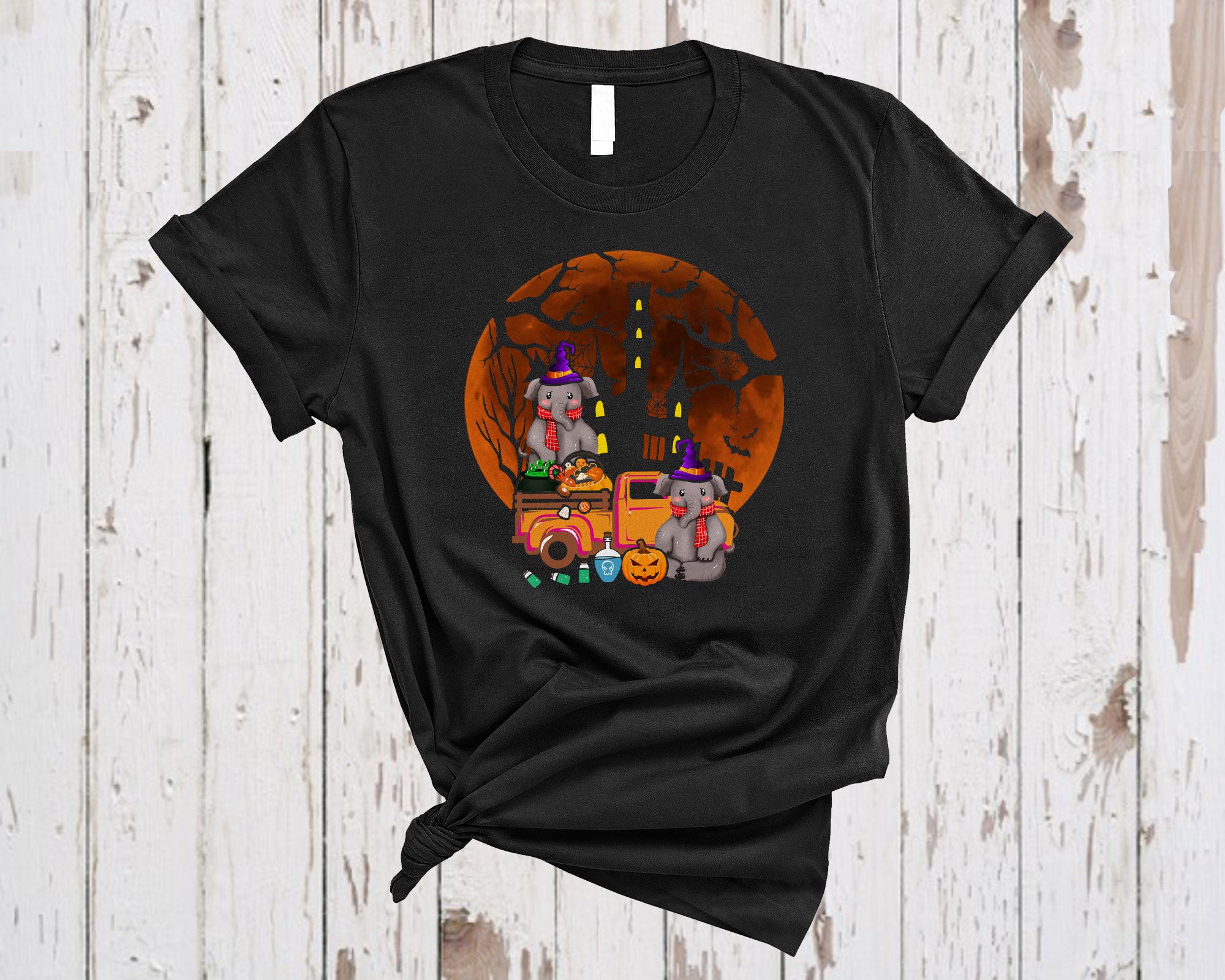 Halloween Animal Shirt Elephant On Red Pickup Truck Funny Halloween Witch Elephant Gifts T-Shirt