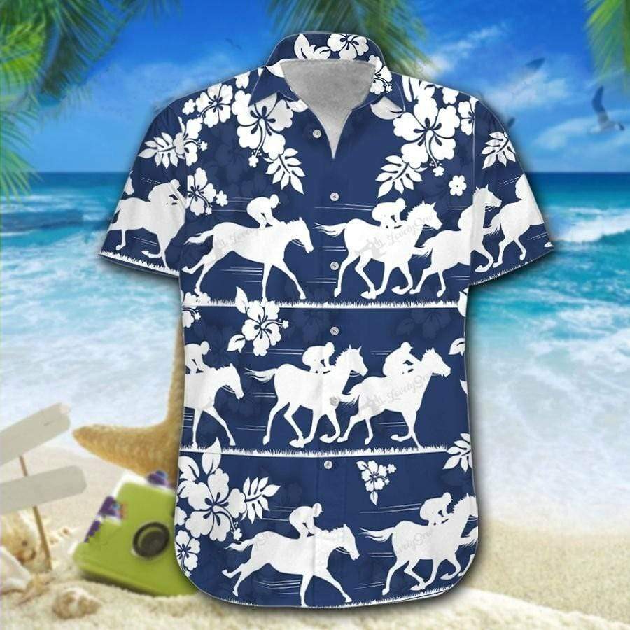 Hawaii Aloha Shirt Made In Horse Racing Hibiscus Flowers Ha20627