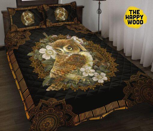 Owl Flower White Mandala Gold Style Quilt Bed Set And Pillow Covers