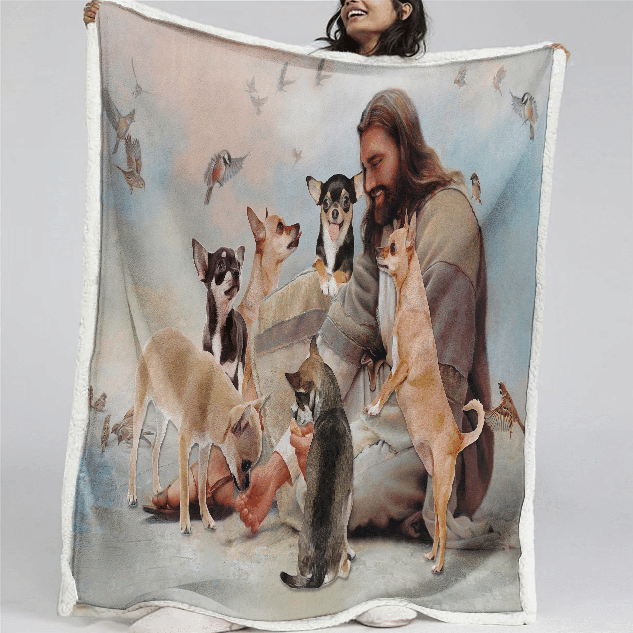 Jesus And Chihuahua Dogs (Jesus - Christs - Christians, Quilts, Blankets Canvases, Pictures, Puzzles, Posters)