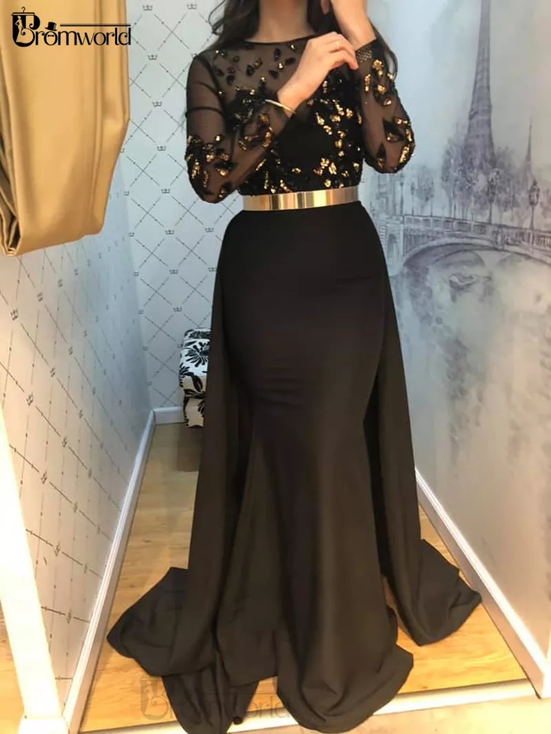 Black Mermaid Evening Dresses Illusion Long Sleeve Beaded Modest Prom Gowns with Gold Belt Formal Dress 2022 Vestidos De Fiesta alx