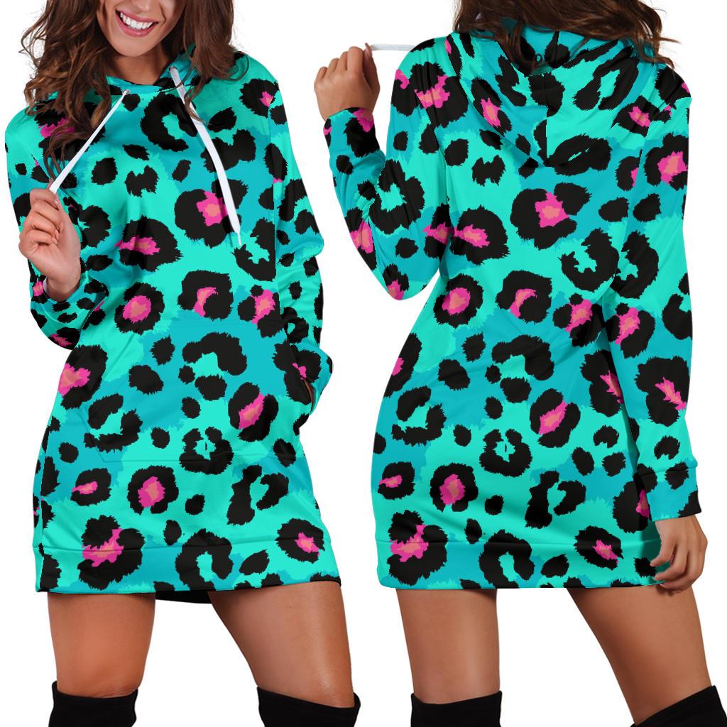 Green Leopard Skin Print Pattern Women’S Hoodie Dress