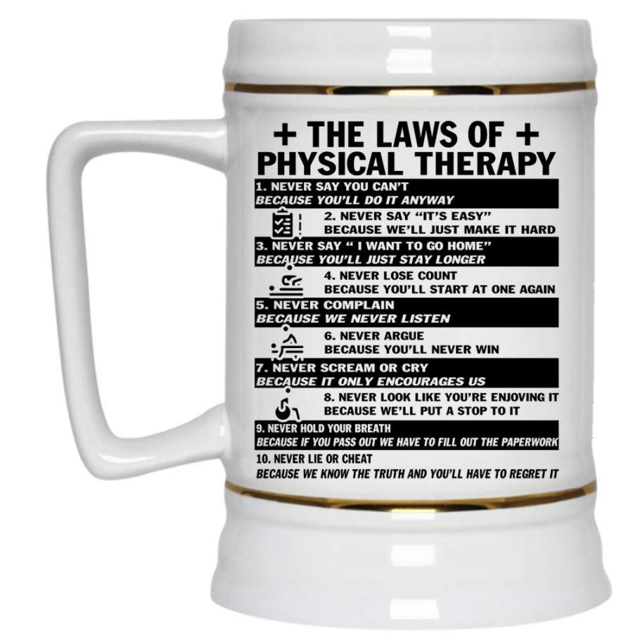 Cool Physical Therapist Beer Stein 22oz, The Laws Of Physical Therapy Beer Mug