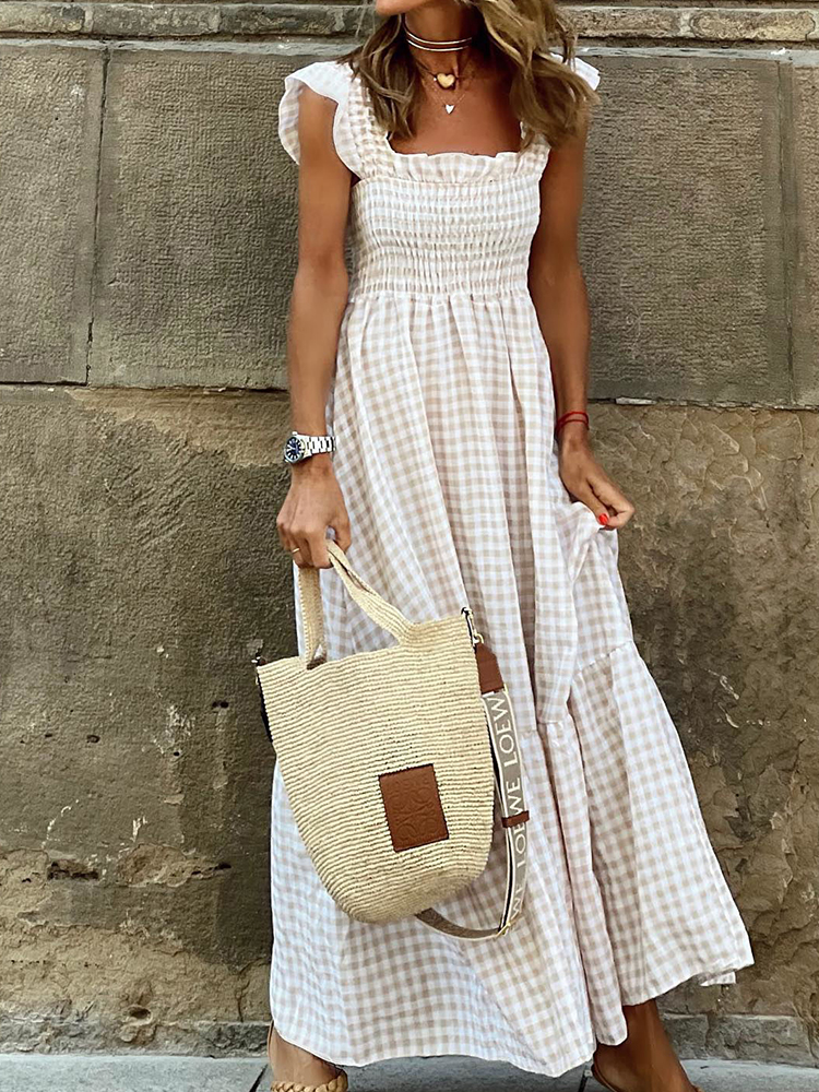 2022 New Summer Ruffle Sleeve Long Dress Retro Plaid Printed Beach Maxi Dress Women Sexy Square Neck Loose Hem A-Line Dress alx