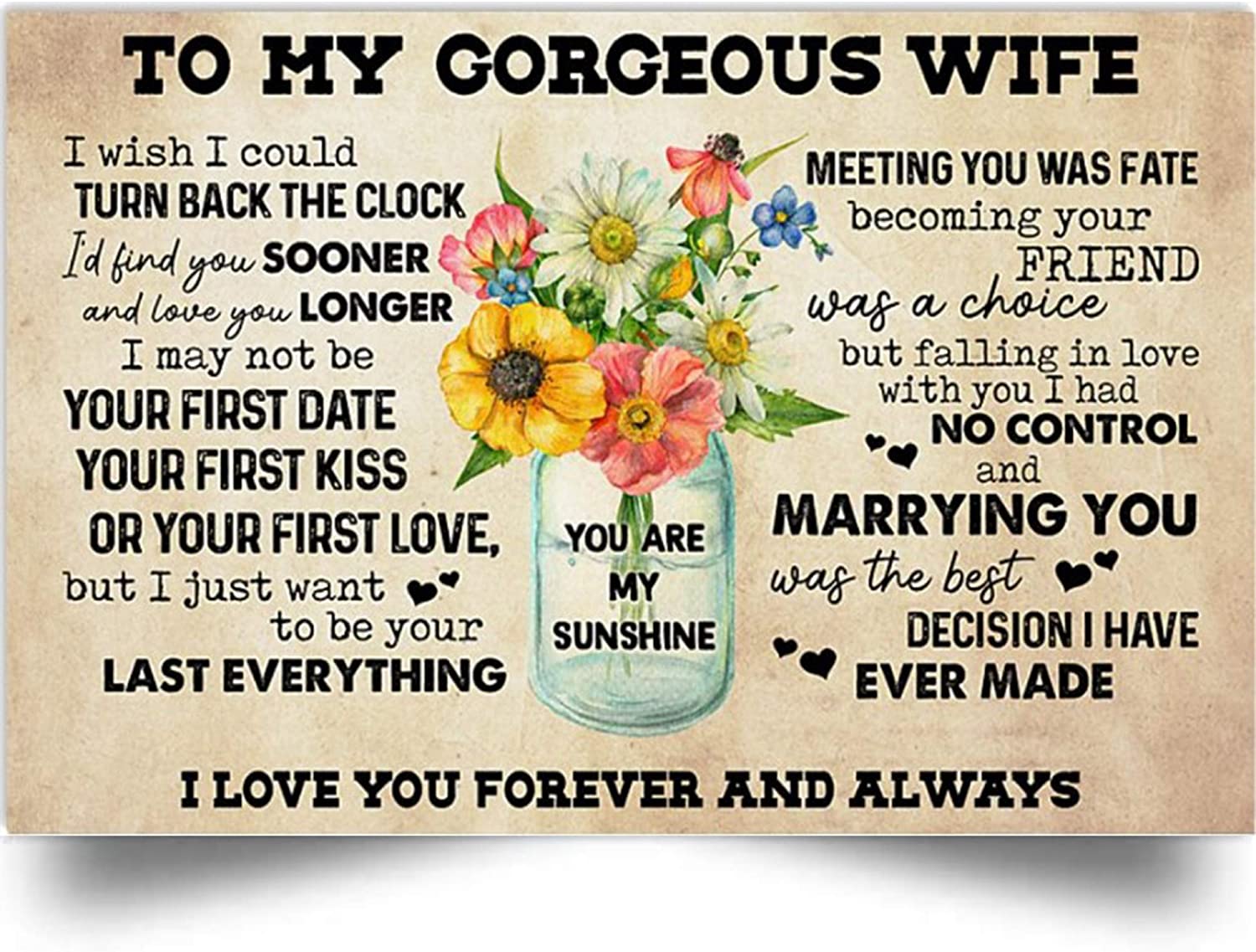 to My Gorgeous Wife Horizontal Poster-I Love You Forever and Always-Home Decoration Poster, Wall Poster, Home and Room Decoration, for Wife, Souvenirs.