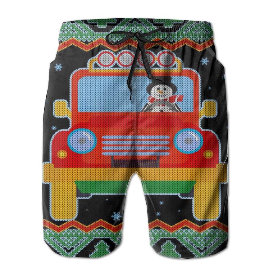 2 Pack Driving Snowman Truck Ugly Christmas Sweater 2023 Poster Men Swim Trunks Drawstring Elastic Waist Quick Dry Beach Shorts With Mesh Lining Swimwear Bathing Suits