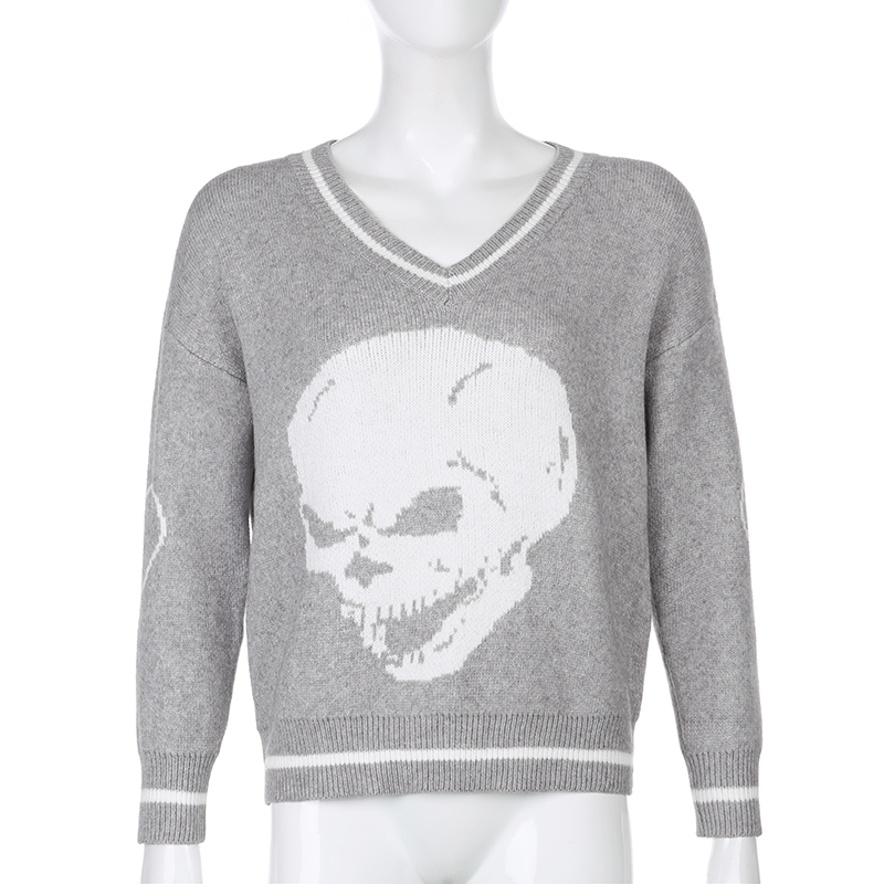 2021 Harajuku Skull Print Loose Autumn Winter Sweater Women Pullovers Casual Knitwear Jumpers Korean Sweaters New alx