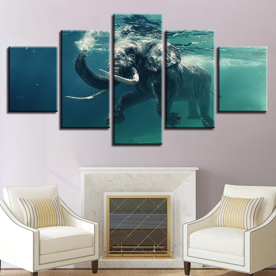 Swimming Elephant Animal 5 Panel Canvas Art Wall Decor