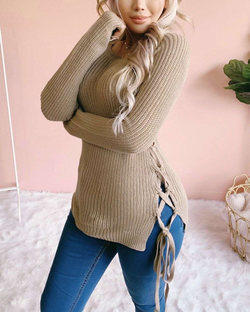 Autumn Knitted Sweaters Women Sexy O Neck Solid Split Cross Bandage Long Sleeve Pullover Tops Female Casual Loose Winter Jumper alx