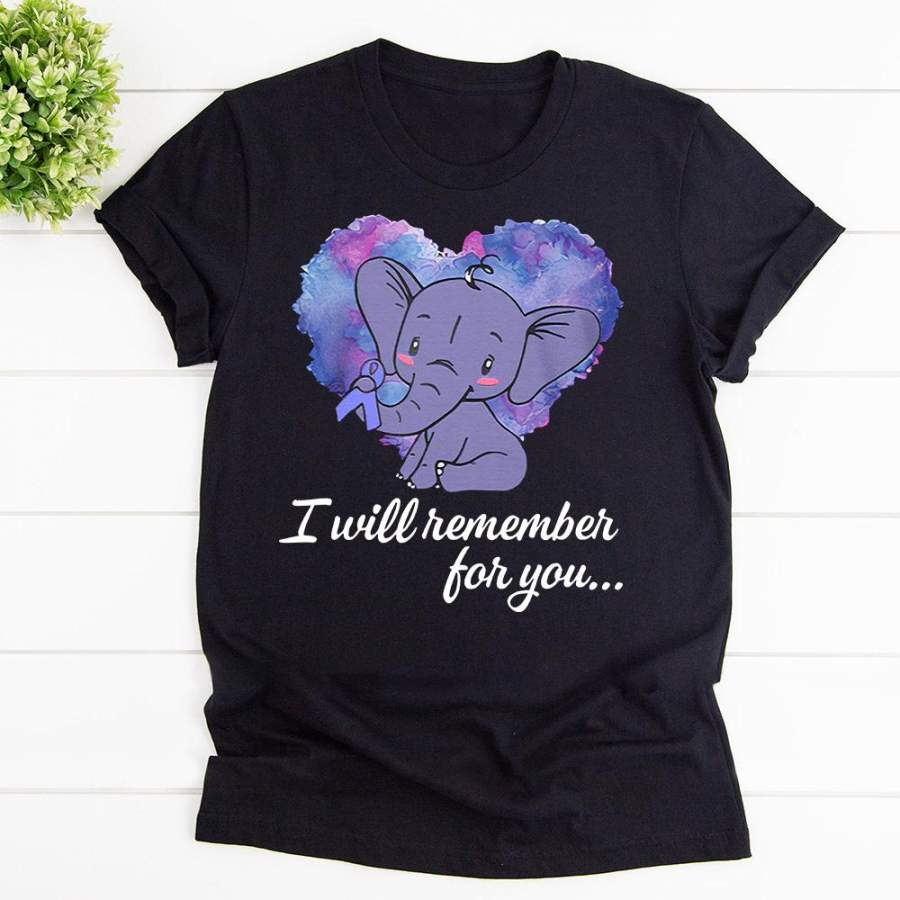 Alzheimer awareness i will remember for you elephant heart black cotton t shirt for men and women S-6XL