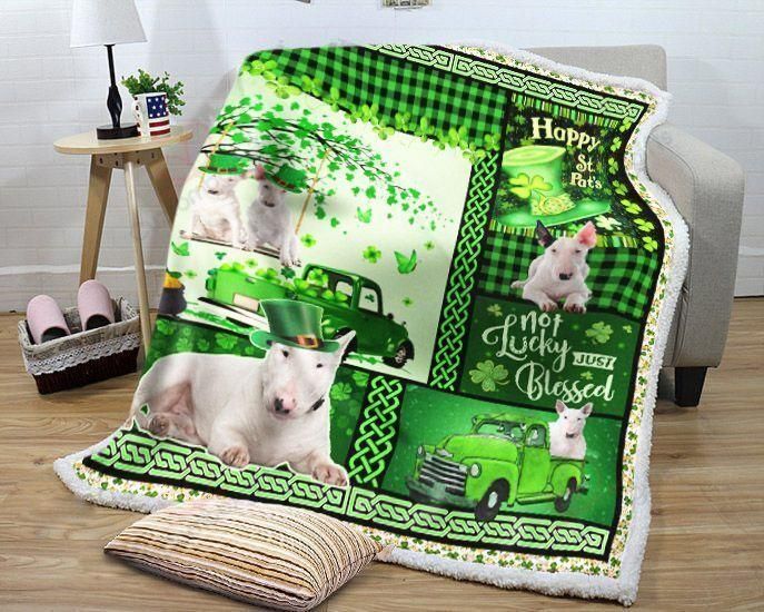 Bull Terrier Green Truck Happy St. Patricks Day Fleece Blanket, Sherpa Blanket, Gift For Aunt Gift For Parent, Family Member, Friends Gift, Christmas Gift, Home Decor, Home Living