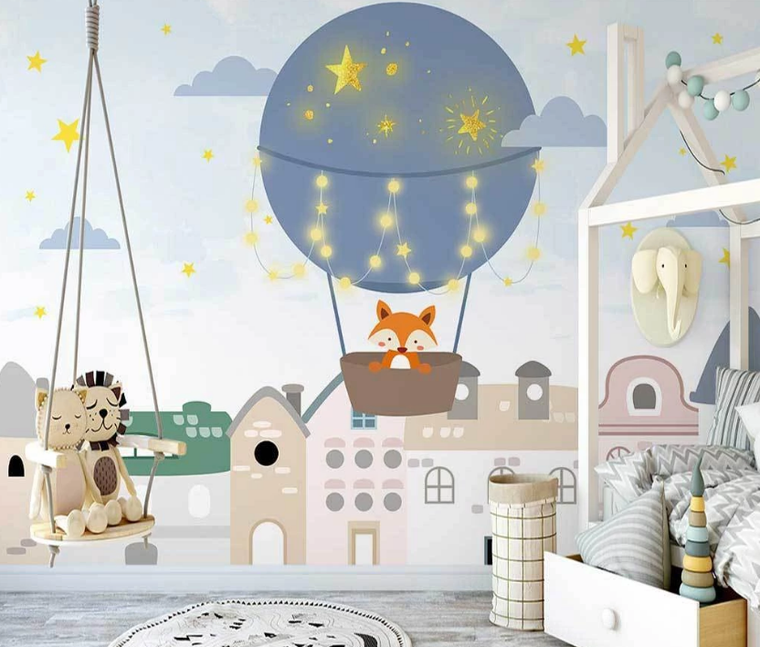 3D Cartoon Fox Animal Star Hot Air Balloon Cloud House Background Wall Mural Wallpaper Lxl