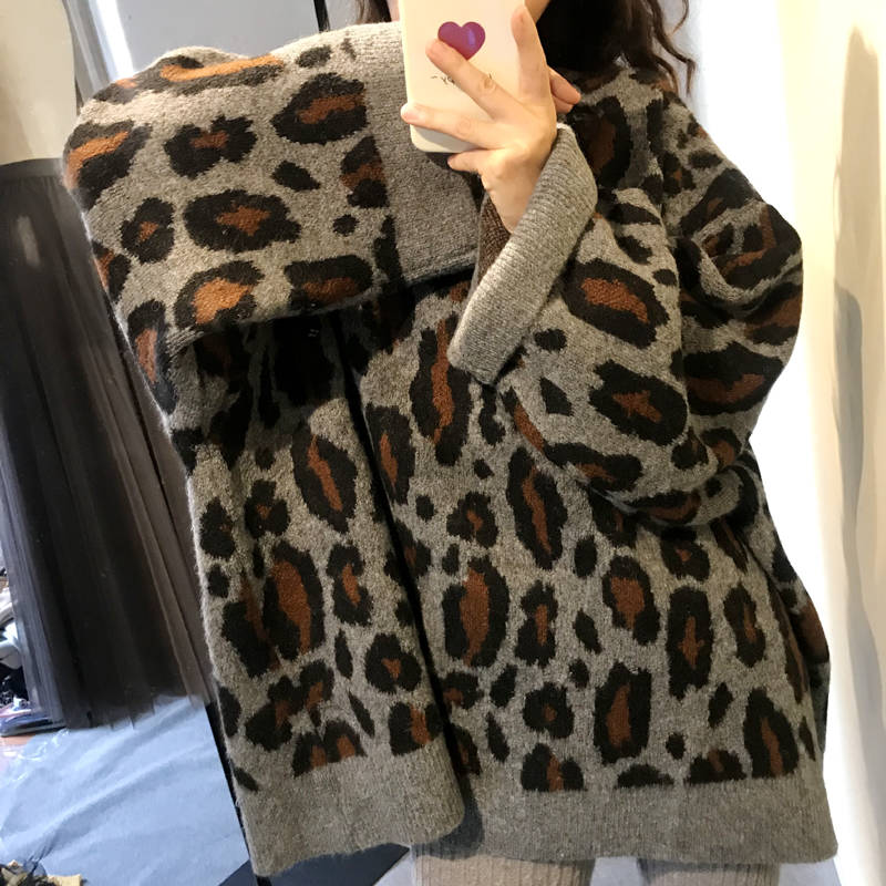 Bella philosophy Leopard Sweater Women O Neck Long Sleeve Pullovers Vintage Loose Tops Korean New Fashion Streetwear Pull Femme alx