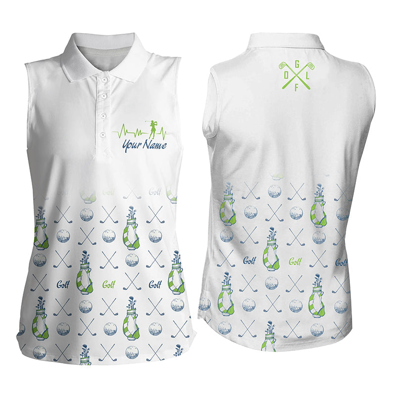 Women Sleeveless Polo Shirt, Custom Golf Clubs Pattern White Golf Tops For Women, Golf Gift For Mom