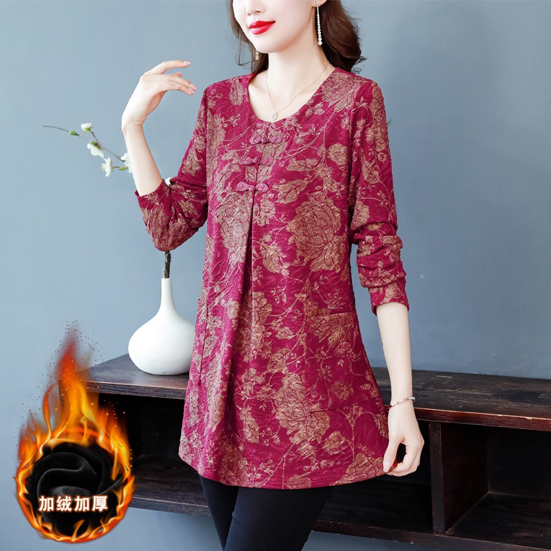 Winter Spring Women Elegant Office Lady Retro Vintage Warm Velvet Tops Flower Floral Print Long Tunic Basic Shirts Blouses alx