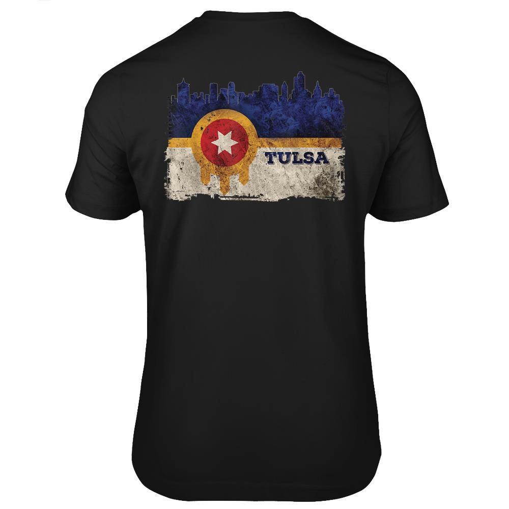 New Tulsa Flag Skyline Vintage Distressed Tulsa Oklahoma T Shirts Print On Back