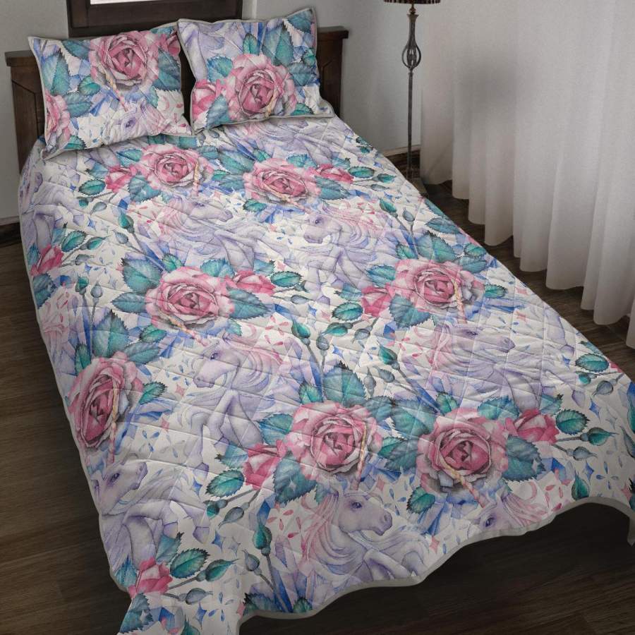 White Fairy Rose Unicorn Pattern Print Quilt Bed Set