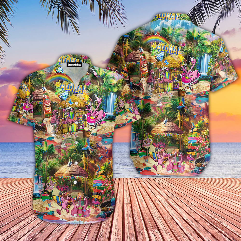 Flamingo At Tiki Bar Tropical Hawaii Shirt For Men Women Ha69472