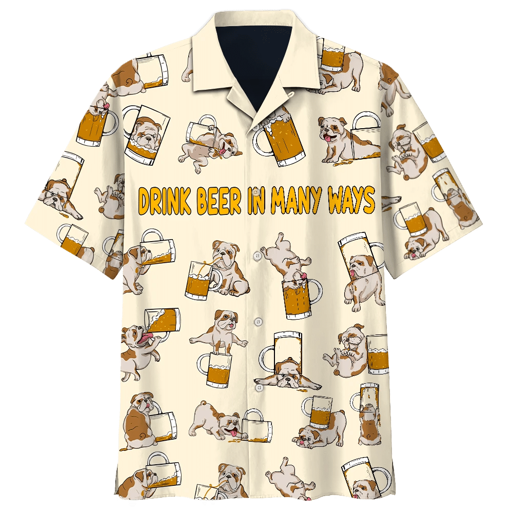 Bulldog Drink Beer In Many Ways Print Short Sleeve Hawaii Casual Shirt Ha43827