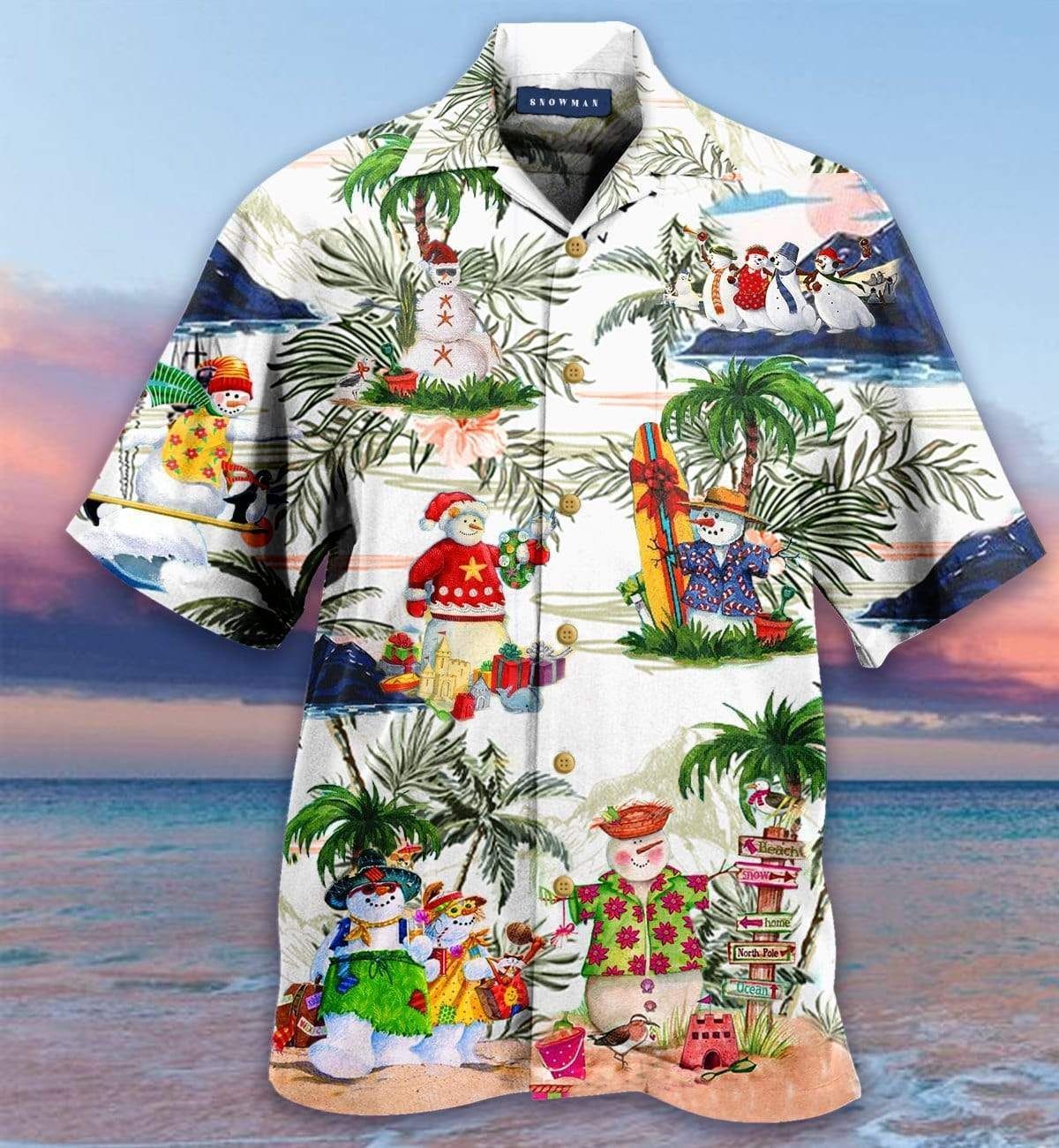 Beach Shirt Order Snowman Relaxing On The Beach Unisex Hawaiian Aloha Shirts