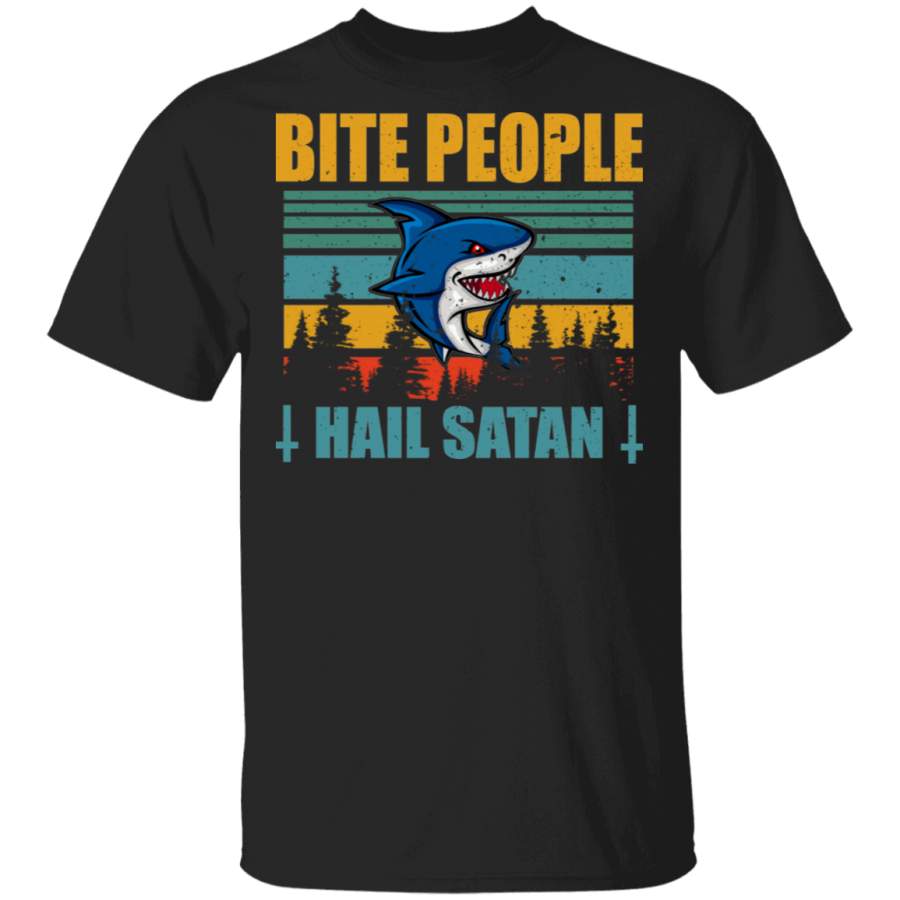 Vintage Retro Bite People Hail Satan Cool Shark Shirt Matching Men Women Shark Lover Fans Gifts T-Shirt