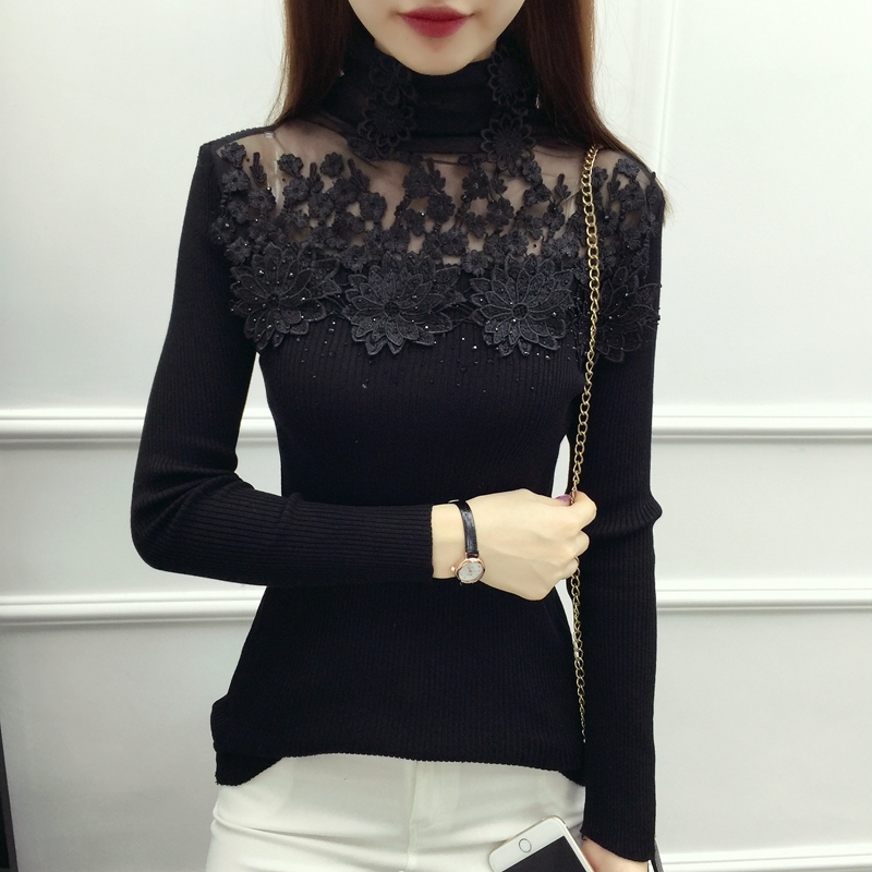 2022 Autumn Winter Women Sweater Turtleneck Lace Flower Long Sleeves Pullovers Knitted Sweaters Elegant Jumper Pull Femme alx