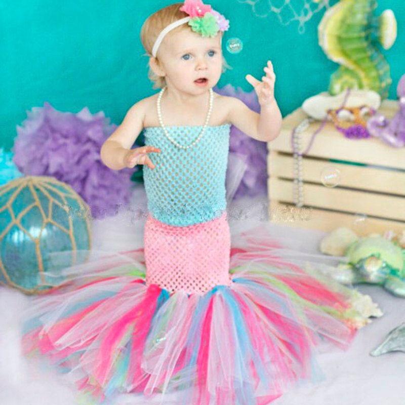 A Set Mermaid Sea Princess Girl Fishtail Tutu Dress Newborn Baby Kids Girls Pink Purple Aqua Mint Green Birthday Party Dresses alx