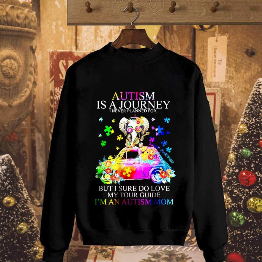 Autism awareness autism is a journey i never planned for elephant & car guitar lovers black sweatshirt for men and women S-5XL